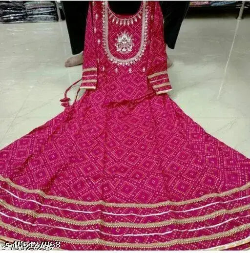 Pink Embroidered Cotton-Rayon Anarkali Kurta with Khata print, three-quarter sleeves, Indian women's traditional gown