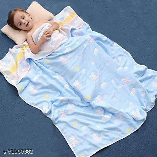 Soft and skin-friendly organic muslin fleece blanket for all seasons, ideal for nursery and babies. Colorful cartoon design, easy to clean, and machine washable. Perfect baby shower or newborn gift