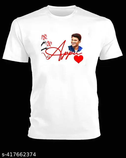 White Lycra short-sleeve Appu Ji t-shirt, printed design on round neck, India origin