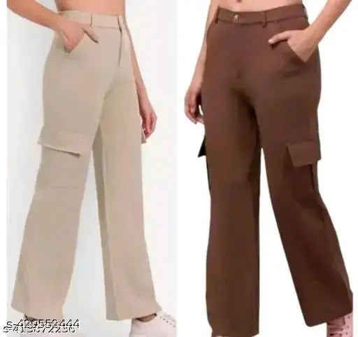 Cotton Lycra high-rise cargo pants, slanted inset pockets with flap, straight fit and stretchable for casual or formal wear. Pack of 2 combo