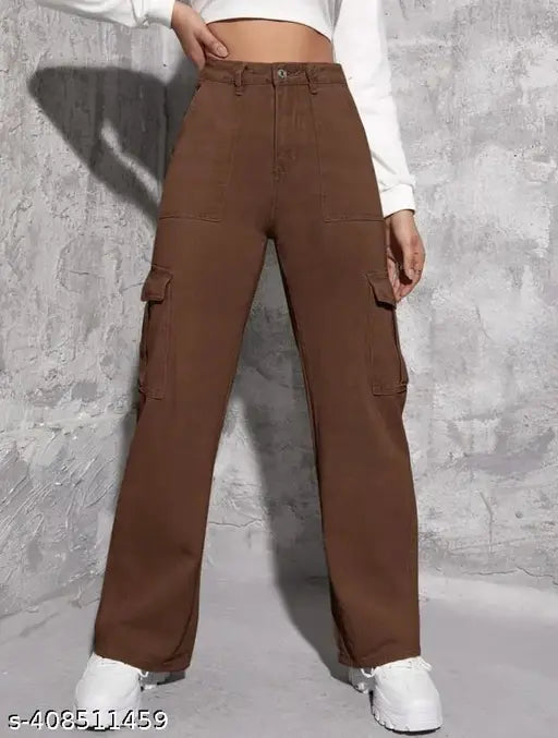 Denim brown cargo wide-leg jeans: Premium quality denim, six pockets, versatile for work, casual, office or night out, easy hand wash, made in India