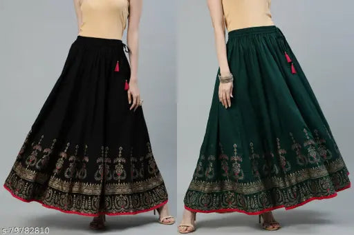Rayon printed net Jaipuri gold long full-length skirt combo (1 black, 1 green), women and girls' attire for weddings and parties, free size waist up to 26-38in, normal wash only, India origin