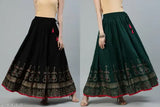 Rayon printed net Jaipuri gold long full-length skirt combo (1 black, 1 green), women and girls' attire for weddings and parties, free size waist up to 26-38in, normal wash only, India origin