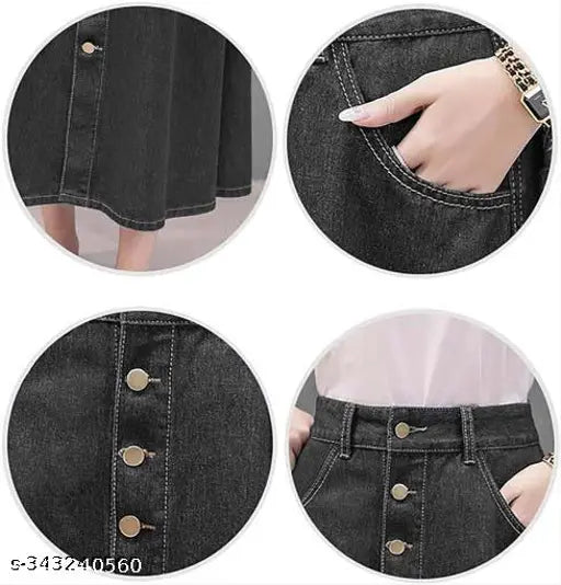 Washed black denim A-line maxi skirt, lightweight and breathable for women's fashion. Adjustable waist, perfect for all body types. Denim maxi skirt with various sizes available