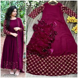 Embroidered georgette gown with net dupatta, Indian evening wear for women in S-XXL sizes