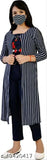Navy stripe cotton blend girls' set: navy ankle-length pant, striped shrug, and top with matching mask, trendy fashion for 8-13 years