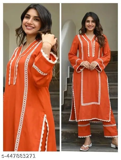 Trendy heavy rayon lace kurta set with palazzos, elegant women's ensemble for various occasions