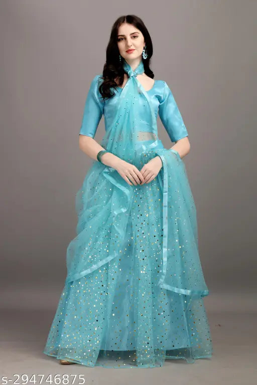 Hanumant Creation presented lehenga choli, net top & dupatta with embroidered and embellished patterns. Semi-stitched, waist size 42", length 42". Indian traditional wear on display stand