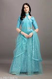 Hanumant Creation presented lehenga choli, net top & dupatta with embroidered and embellished patterns. Semi-stitched, waist size 42", length 42". Indian traditional wear on display stand