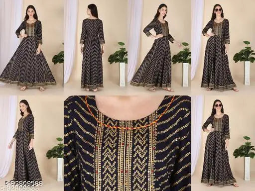 Embroidered gold print rayon Anarkali Kurta with tassels and latkans - Indian traditional party wear for women in M (19in bust) & L (20in bust), lightweight and comfortable