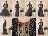 Embroidered gold print rayon Anarkali Kurta with tassels and latkans - Indian traditional party wear for women in M (19in bust) & L (20in bust), lightweight and comfortable