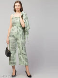 Green crepe three-quarter sleeve paperprint designer jumpsuit for women and girls, featuring a printed pattern