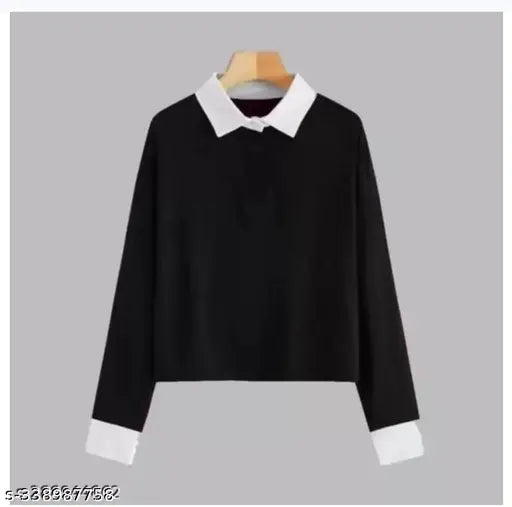 White cotton colorblocked women's full sleeve t-shirt, premium white collar on hanging rack