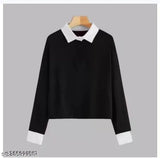 White cotton colorblocked women's full sleeve t-shirt, premium white collar on hanging rack