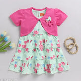 Cotton Snuggly Monkey Girls floral print frock with shrug for 6-18 month girls, vibrant floral design with layered shrug, perfect for special occasions