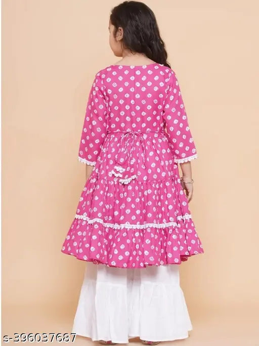 Pink rayon Sharara set with lace work, printed kurta and dyed net for girls aged 4-14 years