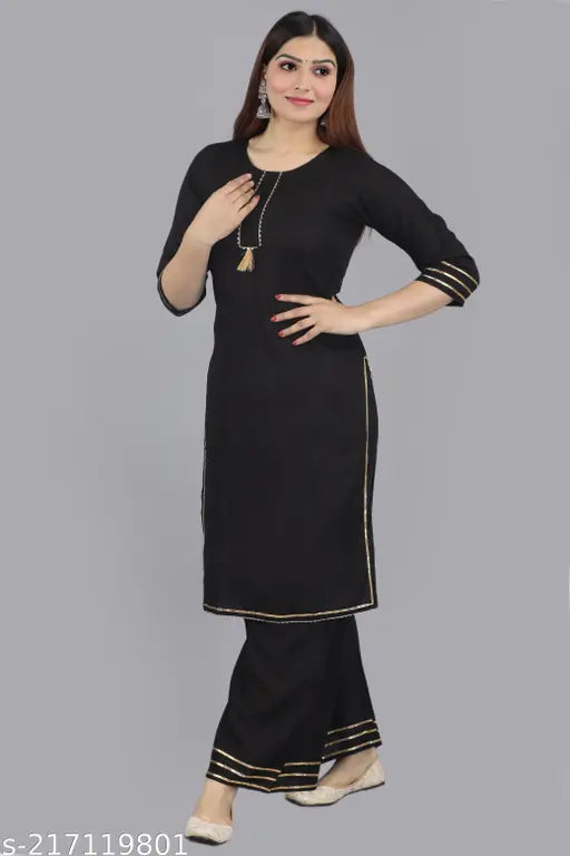 Rayon Solid Gota Work Black Kurti Palazzo Set, 100% pure soft rayon, self-design, comfortable and long-lasting. Heavy elastic waist, looks great with heels, no pockets, various sizes available