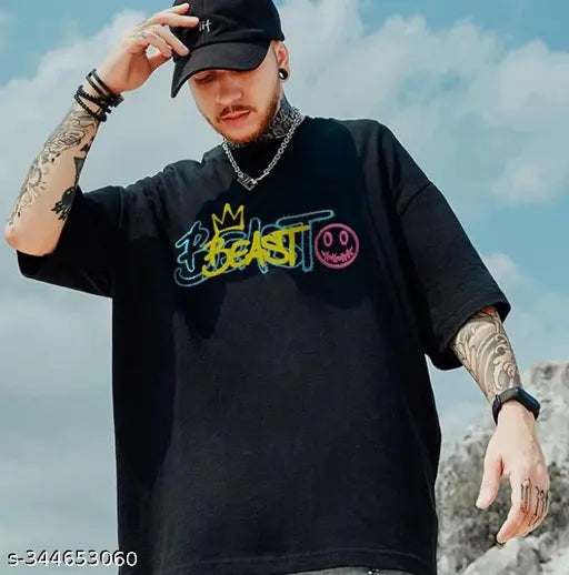 Black oversize round cotton t-shirt for men with panda print, three-quarter sleeves