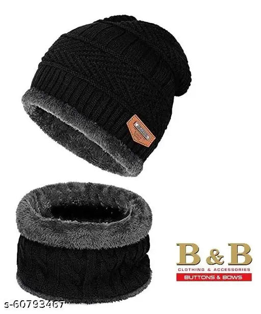 Woolen checkered beanie cap set (1-pair, black) - versatile winter essential for men and women