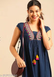 Blue embroidered rayon nayra cut kurti for women, short sleeves, V-neck, tassels & latkans. Made in India