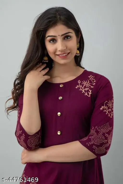 Purple wine printed rayon flared Anarkali Kurta for women and girls, three-quarter sleeves, perfect for every occasion