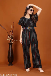 Printed rayon women's jumpsuit with three-quarter sleeves, featuring vibrant Indian patterns. (Size M: 36in bust, 52in length, 32in waist, 38in hip; Size L: 38in bust, 52in length, 34in waist, 40in hip; Size XL: 40in bust, 54in length, 36in waist, 42in hip)