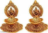 Golden Metal Ganesha Hath Diya Set (4.5 inch), ornate Indian idol for home & office temple decor