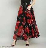 Black georgette skirt with red jesmin print, 2REAL brand, Indian origin, size 28 (waist 28in, length 40in, hip 32in)