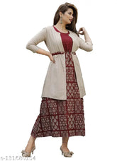 Rayon long-sleeve printed kurti with jacket, Veshvilla Women's beautiful long Indian outfit in sizes S-XXXXL