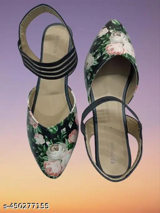 Synthetic leather black Bantu flats by Oman girls, printed t-strap design for women's sizes IND-3 to IND-8
