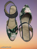 Synthetic leather black Bantu flats by Oman girls, printed t-strap design for women's sizes IND-3 to IND-8