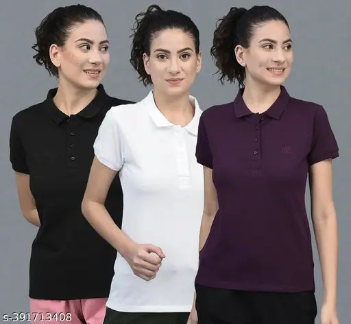 Purple cotton blend polo neck t-shirts pack of 3 for women, ideal for athleisure wear
