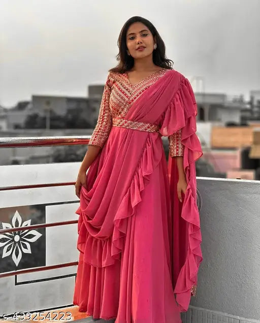 Pink georgette Indo-Western Anarkali gown with ruffled dupatta, intricate embroidery for festive occasions and weddings. Sizes: S (36m), M (38in), L (40in), XL (42in), XXL (44in), XXXL (46in). Made in India