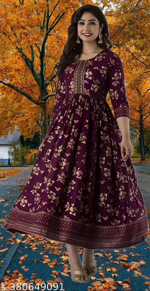 Printed rayon Anarkali kurti for women, three-quarter sleeves, vibrant Indian pattern. Size S-XXXL