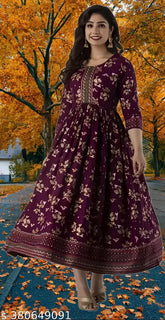 Printed rayon Anarkali kurti for women, three-quarter sleeves, vibrant Indian pattern. Size S-XXXL