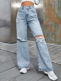 Women's baggy denim cargo jeans with bell bottom and cut-out net detail - India new