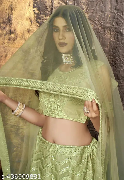 Banarasi embroidered lehenga-choli with unstitched blouse and dupatta, free size up to 2XL in net fabric, Indian wedding wear