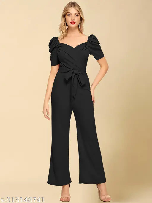 Women's/Girls maxi jumpsuit in solid net, short sleeves, polyester fabric - Indian designer piece for casual and party wear