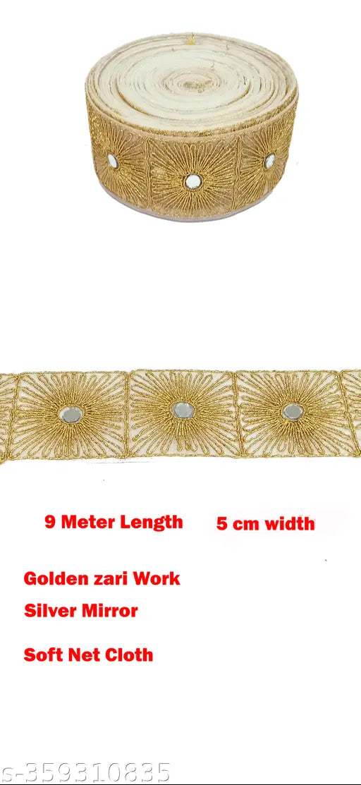 Gold mirror work embroidered lace ribbon roll for Kurti, sarees, blouses, dresses, lehenga, dupatta, choli, palazzo, anarkali, and home decor. 5cm width, 9m pack in gold color