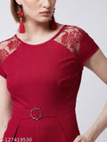 Maroon rayon round neck jumpsuit, Miss Chase women's solid style with short sleeves and pleated waist, India origin