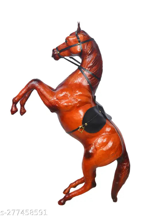 Brown leather rearing horse decorative showpiece, 12 inches tall, vintage theme, premium handicraft