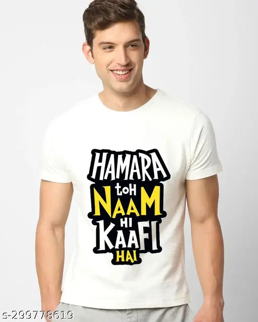 Printed cotton silk 'Hamara Toh Naam Hi Kaafi Hai' t-shirt for men, short sleeves, size S (36in x 26in), India origin