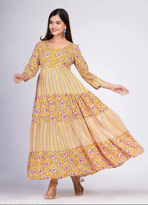 Multicolor printed viscose rayon anarkali kurta with three-quarter sleeves, Indian ethnic wear for women
