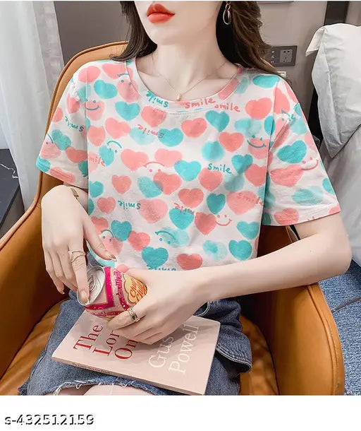 Oversized printed polyester t-shirt for women by Jannie Hustler, long and stylish, S-XL sizes available