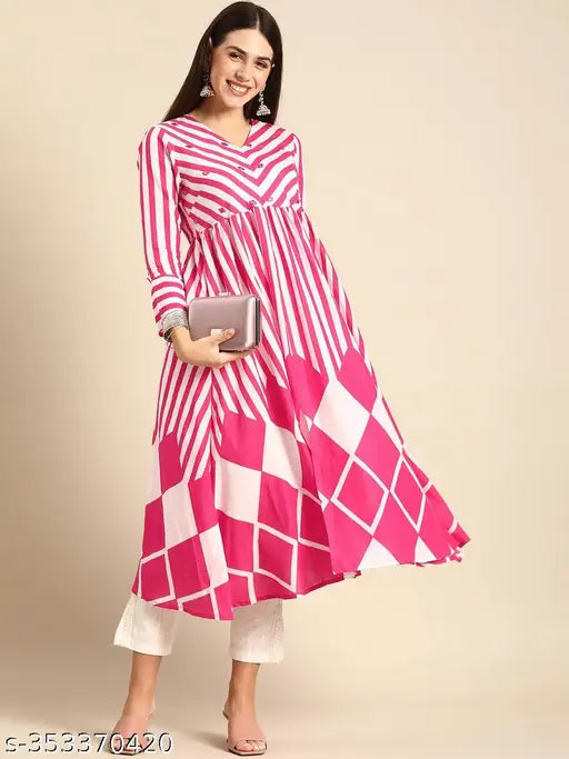 Pink rayon long-sleeved printed anarkali kurta for women and girls, intricately embroidered, perfect for parties or special occasions