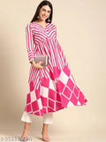 Pink rayon long-sleeved printed anarkali kurta for women and girls, intricately embroidered, perfect for parties or special occasions