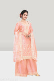 Pink-and-gold georgette embroidered Pakistani party wear set: Kurta with dupatta and palazzo pants, cotton silk fabric. Complementary tassel detailing, perfect for festive celebrations. Size S - XXXL, Indian origin
