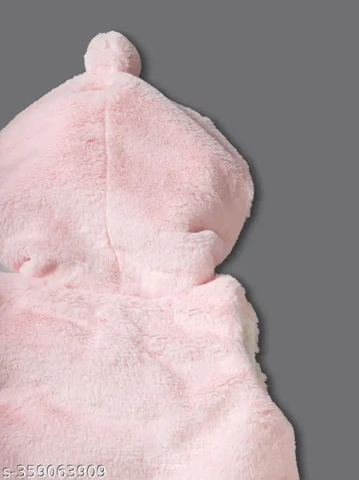 Baby Girls Bow Hooded Winter-Pink Wool, adorable baby clothes with all-over print, suitable for events and playtime, size 3-24 months, made in India