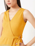 Yellow polyester solid vneck jumpsuit by Miss Chase, mustard yellow women's fashion