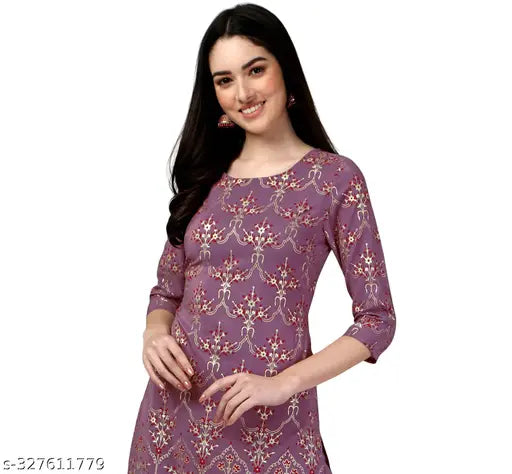 Mauve crepe kurti set with palazzo, printed by Fab Galaxy on display rack
